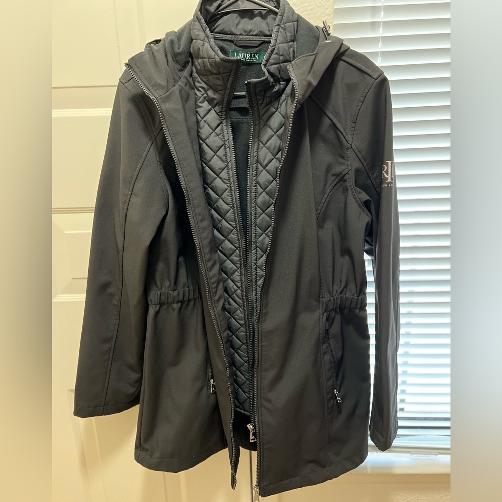 Lauren Ralph Lauren Womens Full Zip Hooded Overcoat Size XL Black Outdoors Luxe